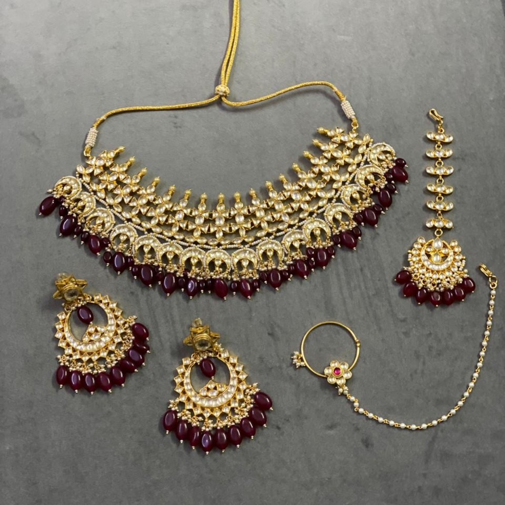 Gold-Tone Kundan Ruby Beaded Bridal Necklace Set - Women Jewelry